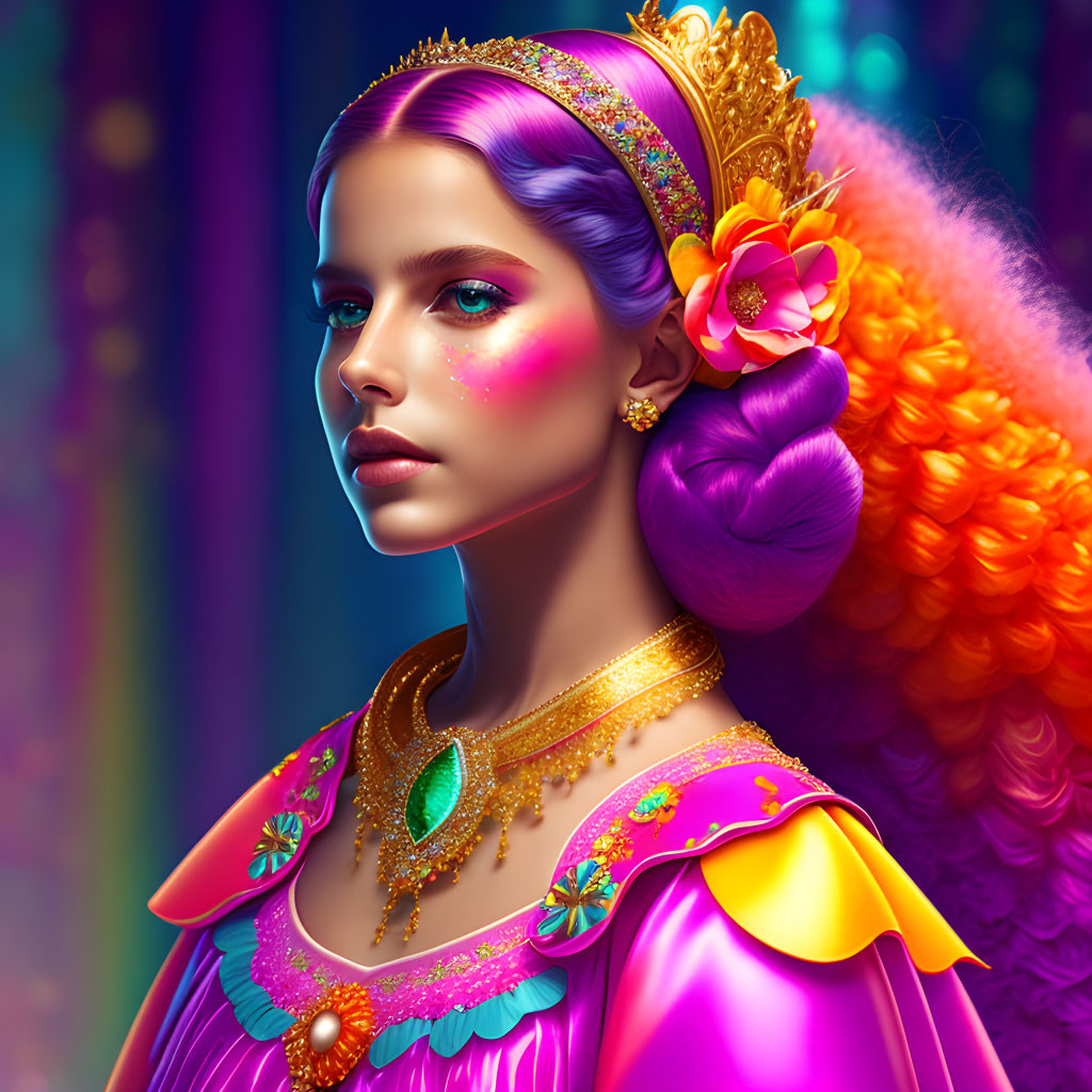 Colorful Illustration: Woman with Pink Hair and Golden Crown