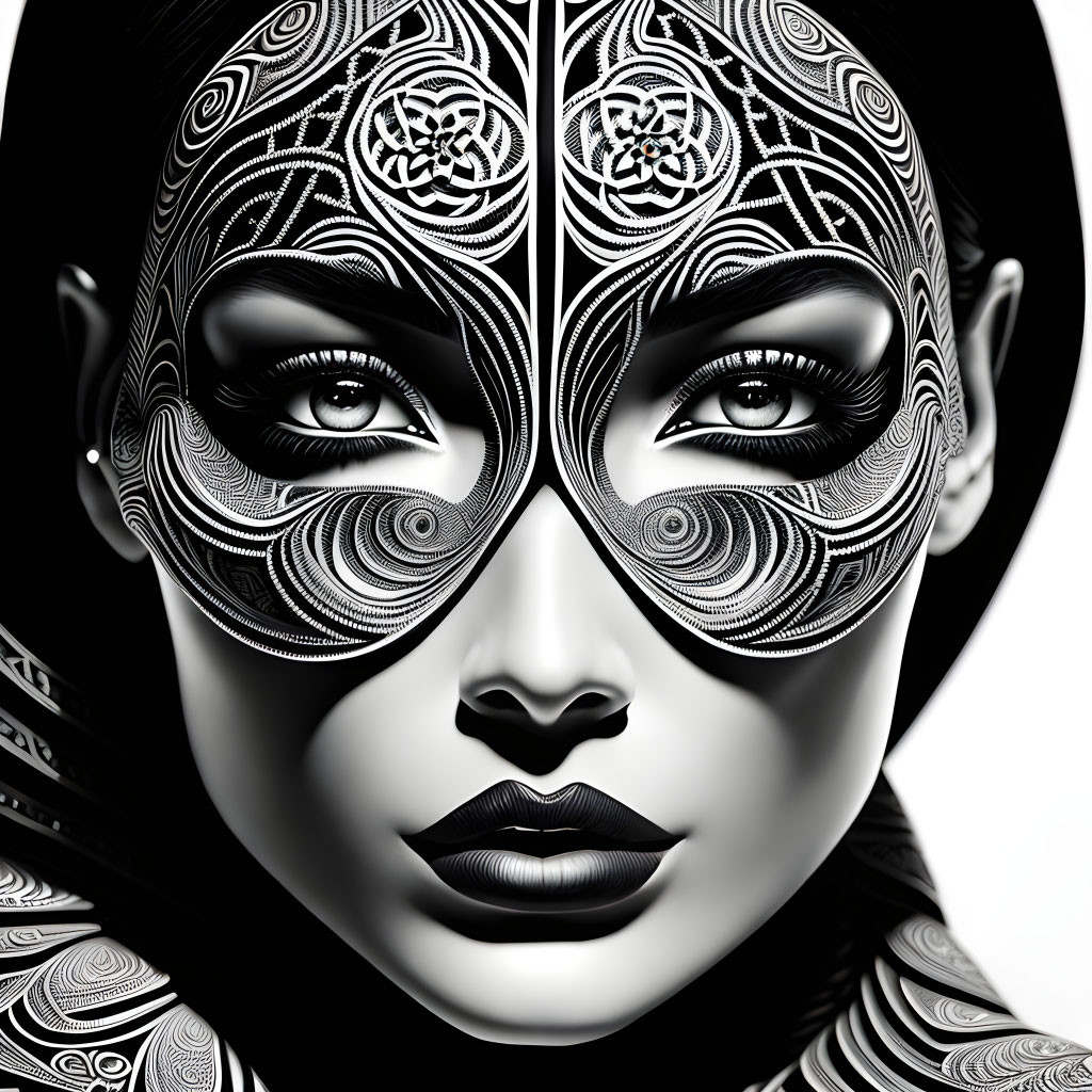 Monochromatic digital artwork of woman's face with symmetrical tribal patterns