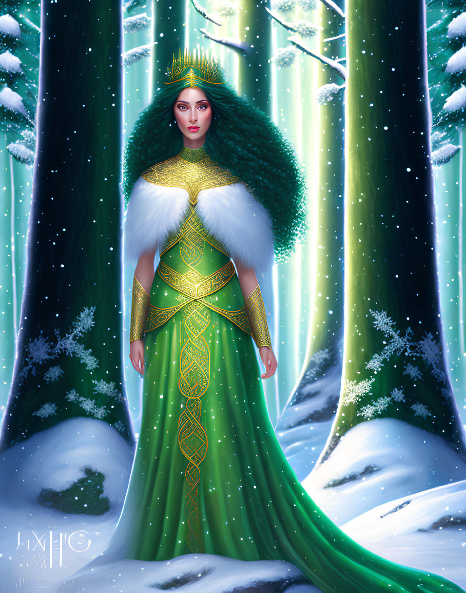 Mystical queen in green and gold gown in snowy forest