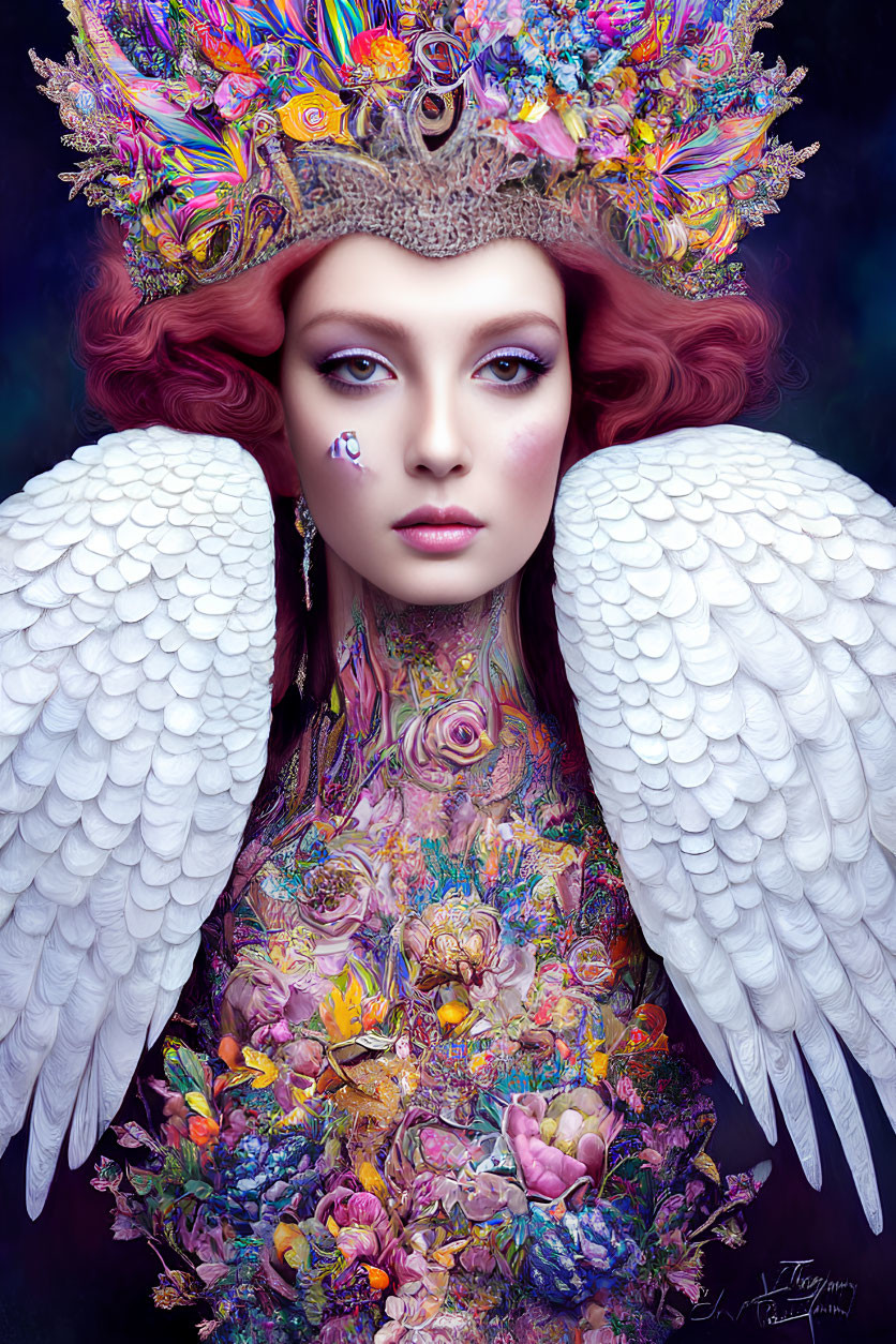 Vivid Fantasy Portrait: Red-haired Figure with Angel Wings and Floral Crown