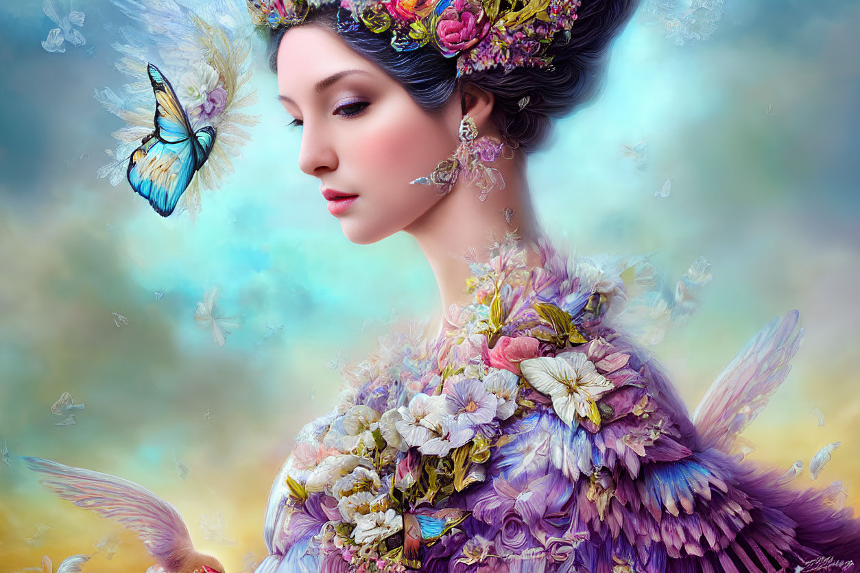 Woman with Floral Crown and Butterfly Surrounding in Colorful Setting