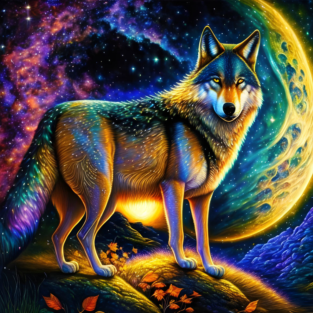 Digital Artwork: Wolf with Glowing Eyes on Grass Knoll under Starry Sky