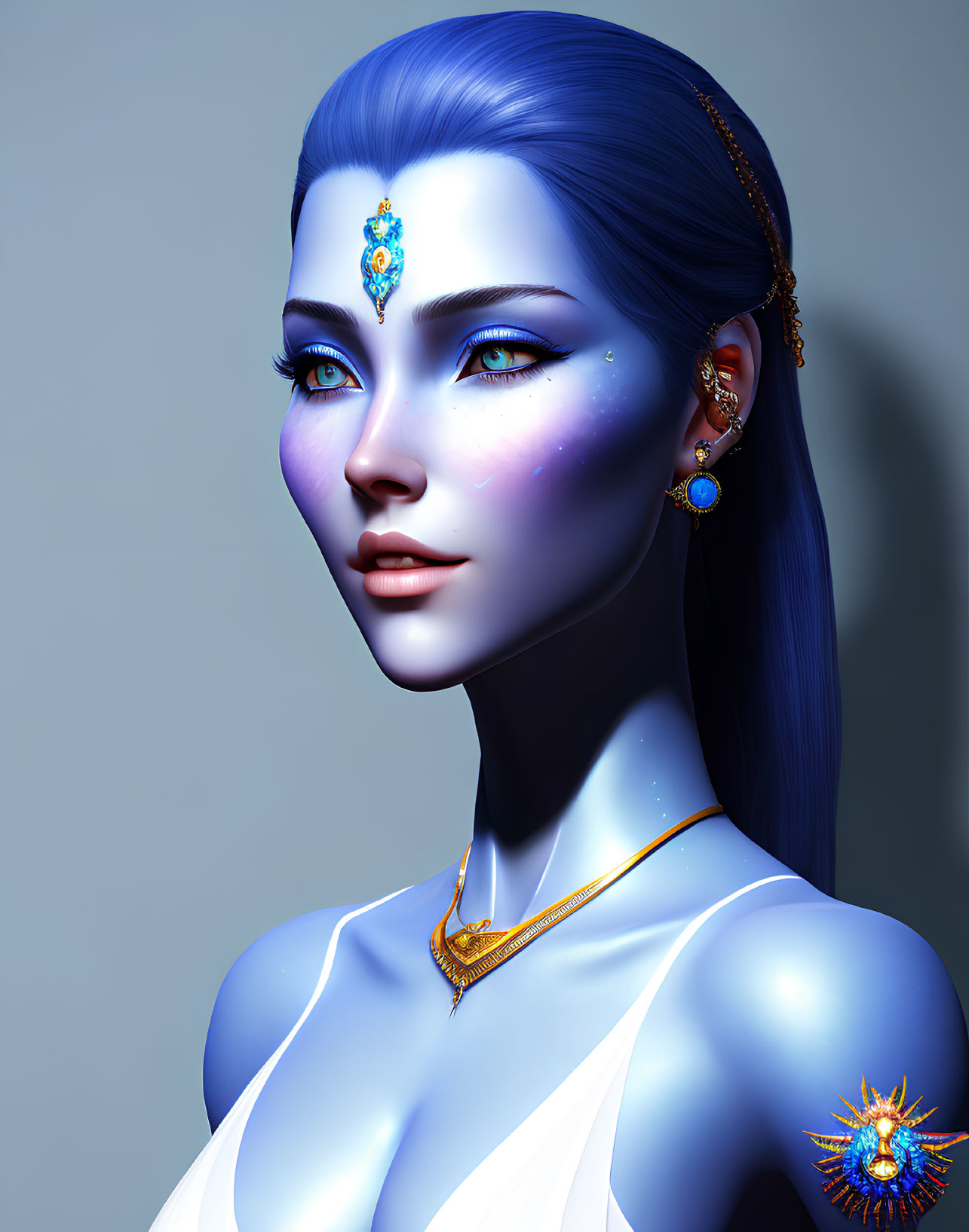 Blue-skinned woman with gold jewelry in 3D illustration