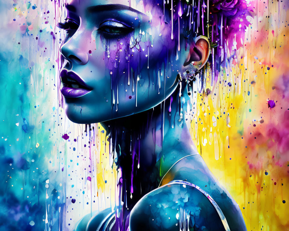 Colorful digital artwork of woman's profile with dripping paint effects