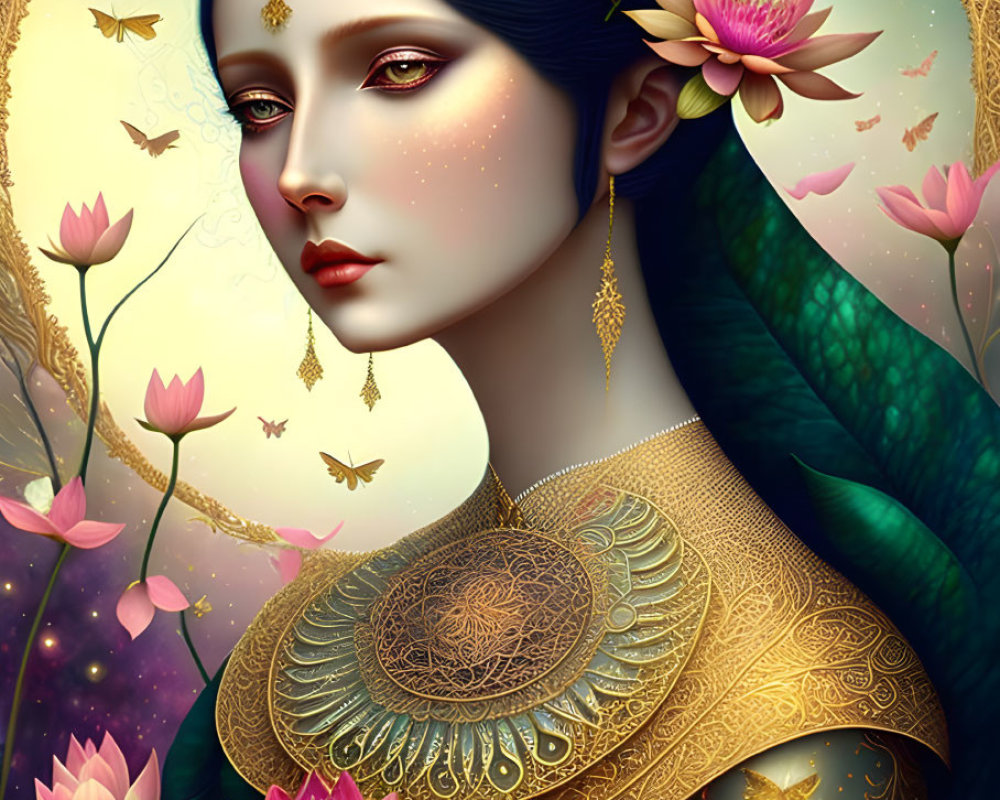 Blue-skinned woman with gold jewelry, peacock feathers, lotuses, and crescent moon.