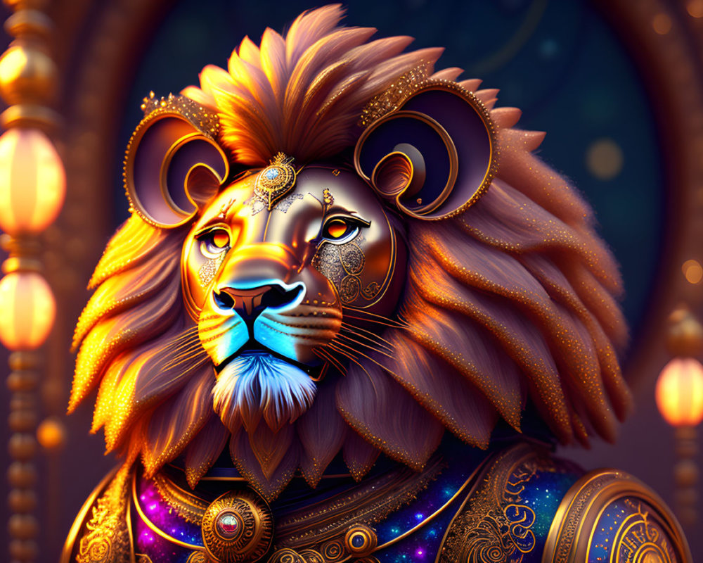 Majestic lion portrait with human-like features and ornate jewelry against lantern backdrop