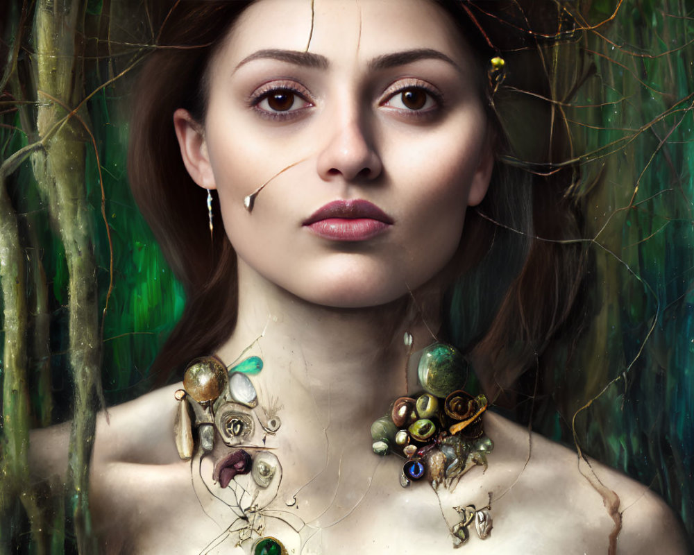 Portrait of Woman with Deep Gaze and Forest-Themed Jewelry in Ethereal Woods