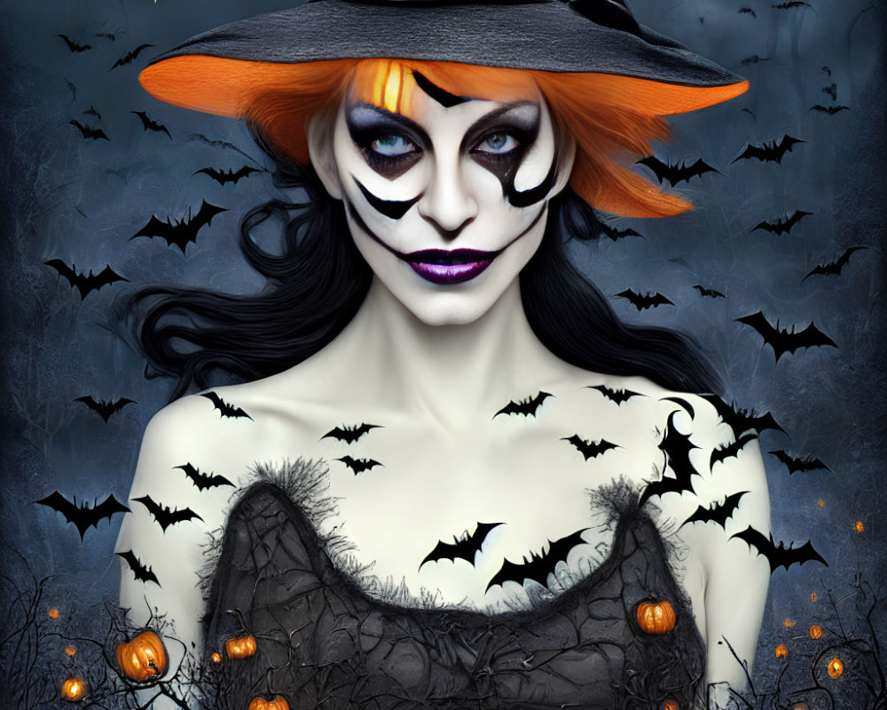 Person in dramatic witch makeup and costume with bats and pumpkins backdrop