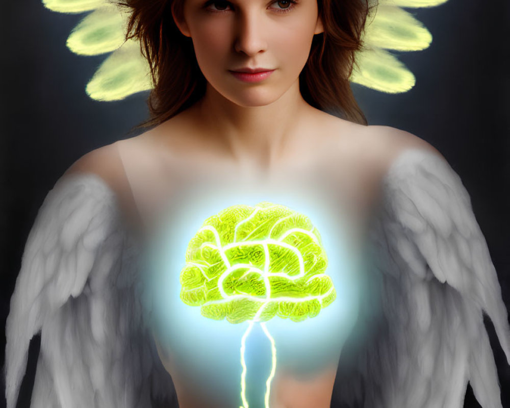 Woman with Angel Wings and Glowing Brain in Lightning Bolt Illumination