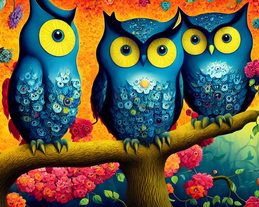 Vibrant colored owls with intricate patterns on a fiery floral backdrop