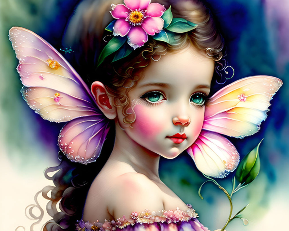 Young girl with butterfly wings & floral headpiece in vibrant colors