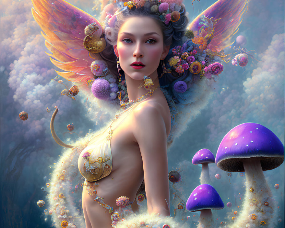 Fantasy illustration of winged female figure with ornate jewelry in mystical setting
