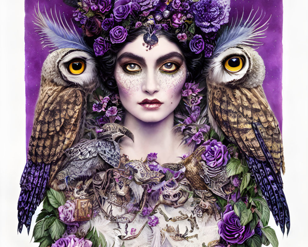 Surreal portrait: woman's face with floral elements, owls, purple background