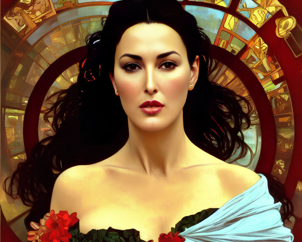 Stylized portrait of woman with dark hair and blue garment holding red flowers