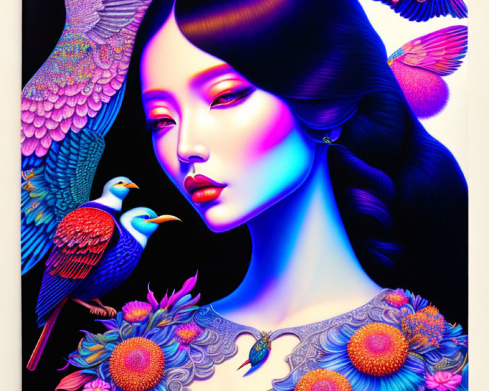 Colorful illustration: Woman with purple hair, birds, and flowers.