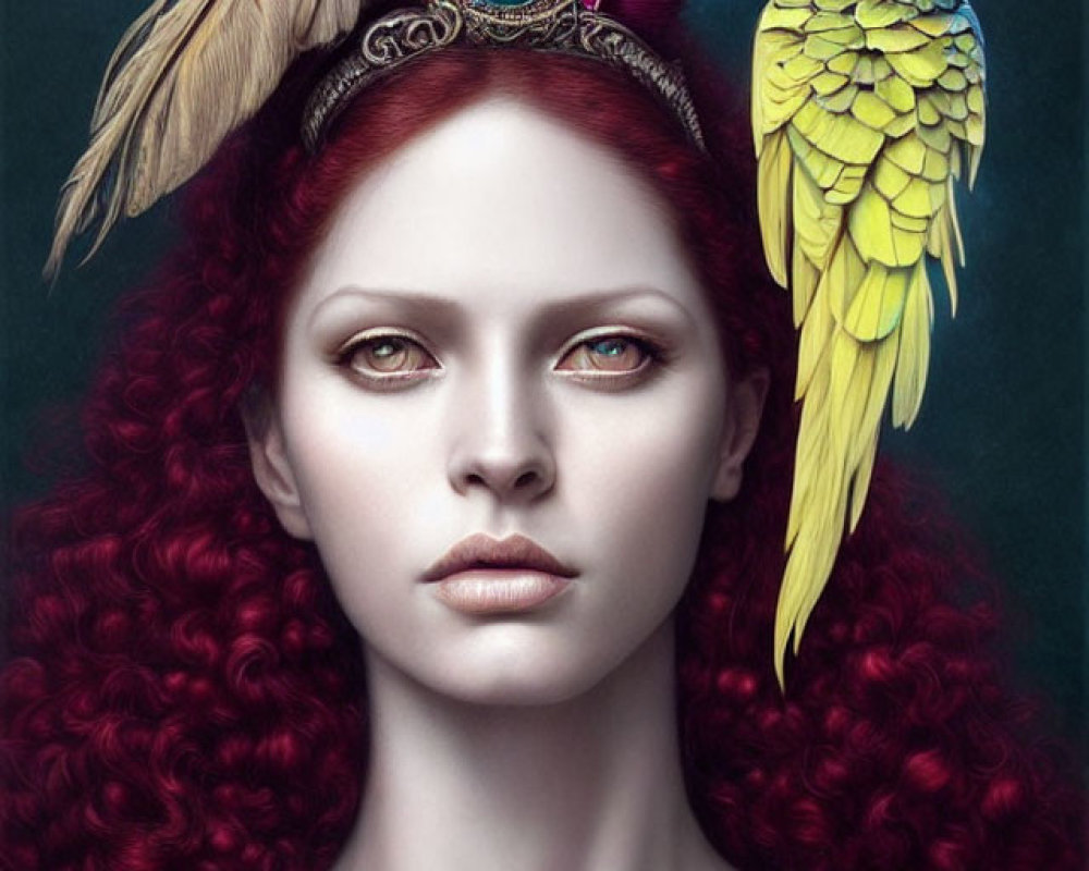 Surreal portrait of woman with red curly hair and parrot on shoulder