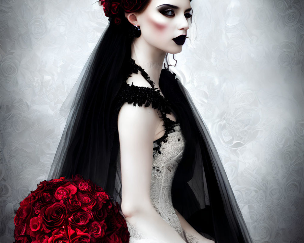 Pale woman in gothic bridal attire with red rose headpiece and bouquet