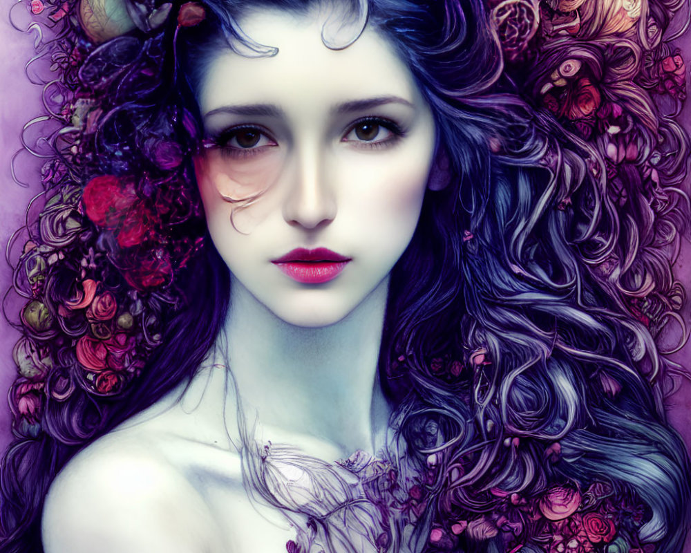 Digital artwork: Woman with pale skin, dark hair, and stylized roses in purple and pink