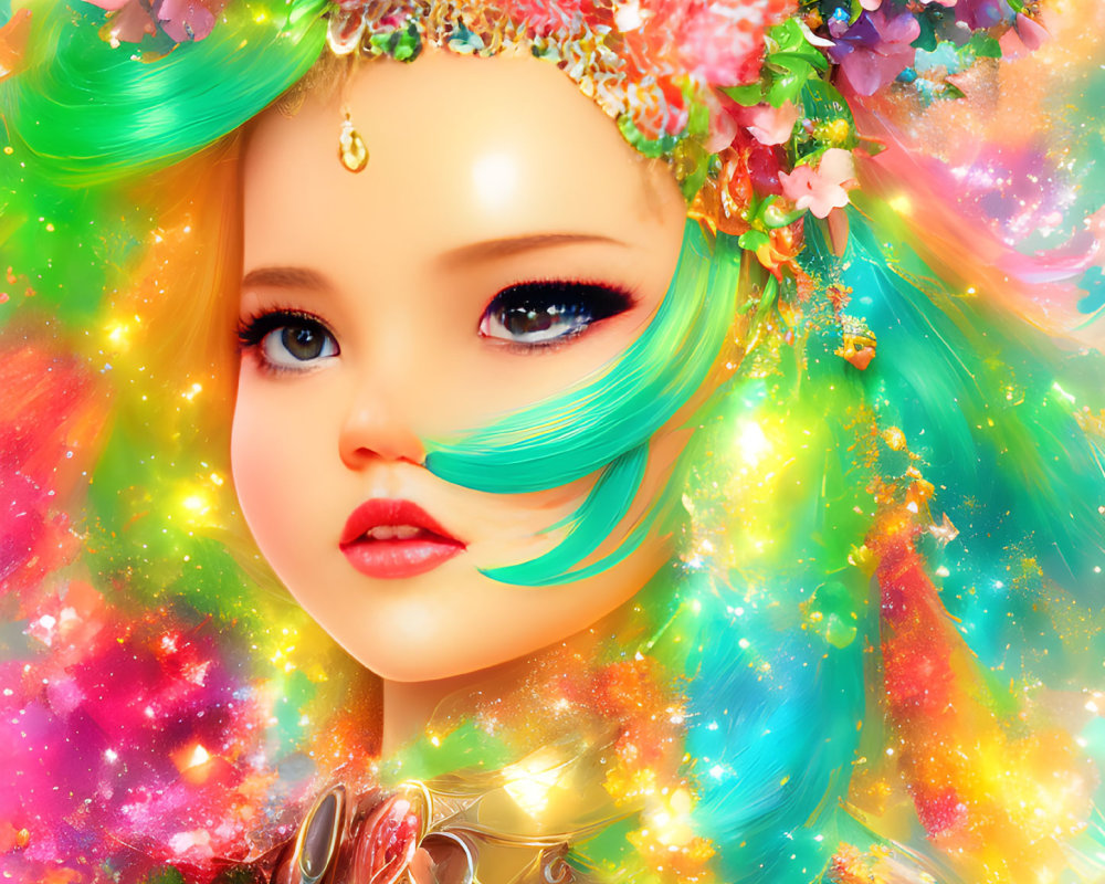 Colorful illustration of girl with multicolored hair and floral headband in vibrant setting