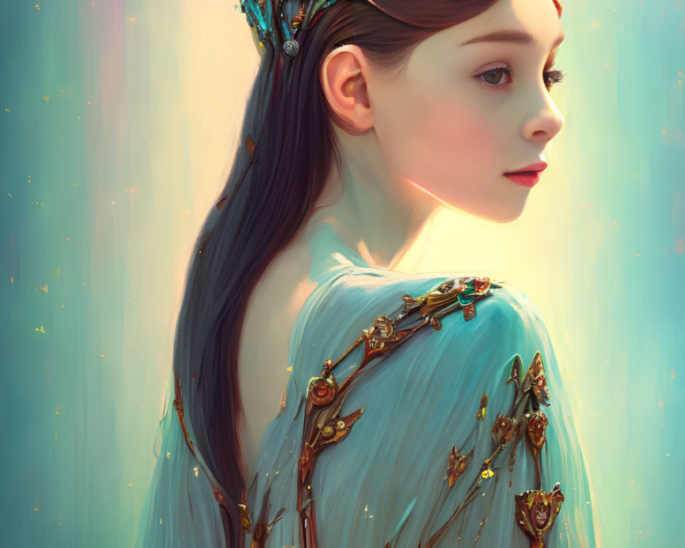 Profile of serene woman with jeweled crown and golden shoulder adornments in light blue gown with ethereal