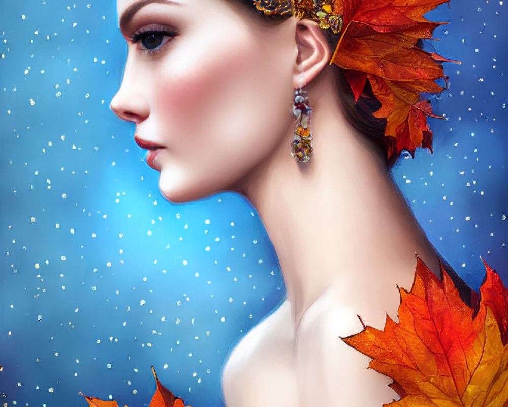 Woman with Autumn Leaf Crown and Floating Leaves on Starry Blue Background