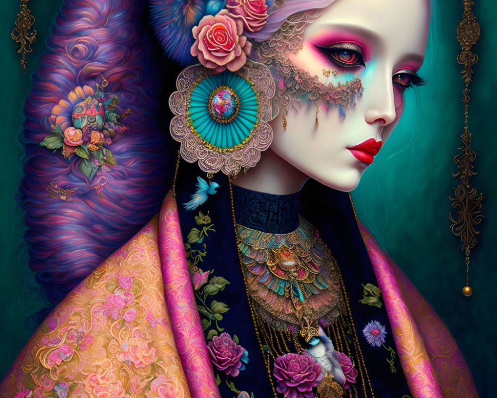 Colorful makeup, ornate accessories, and floral motifs on a woman's portrait.