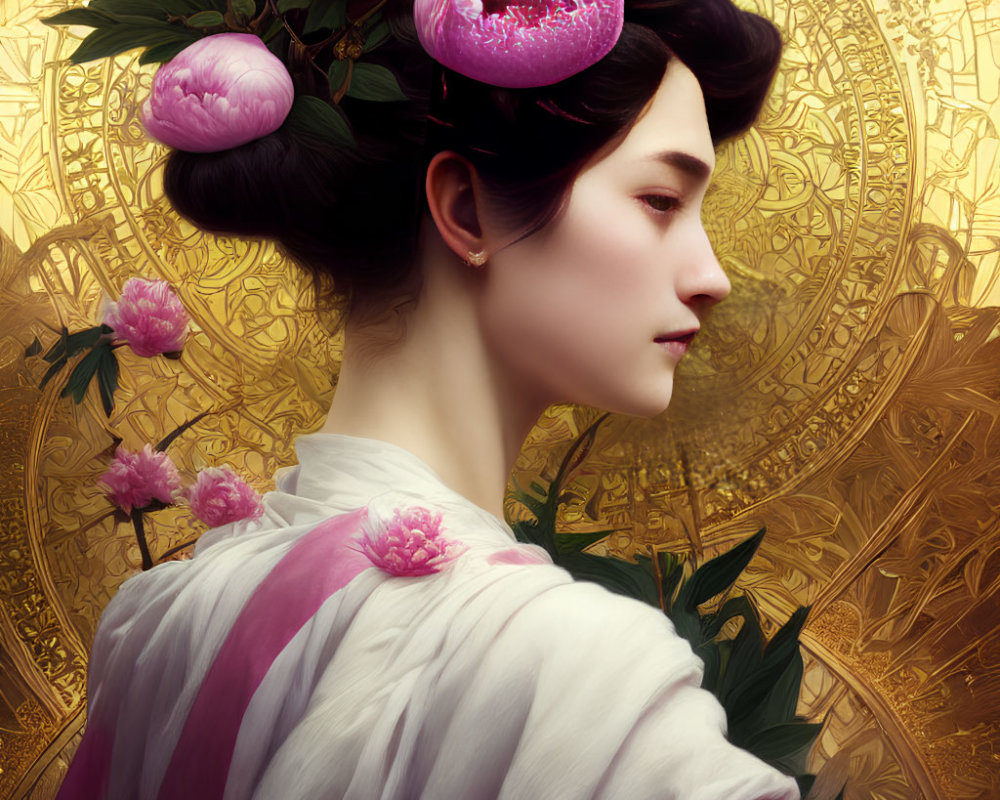 Traditional Attire Woman Portrait with Pink Peonies on Golden Backdrop