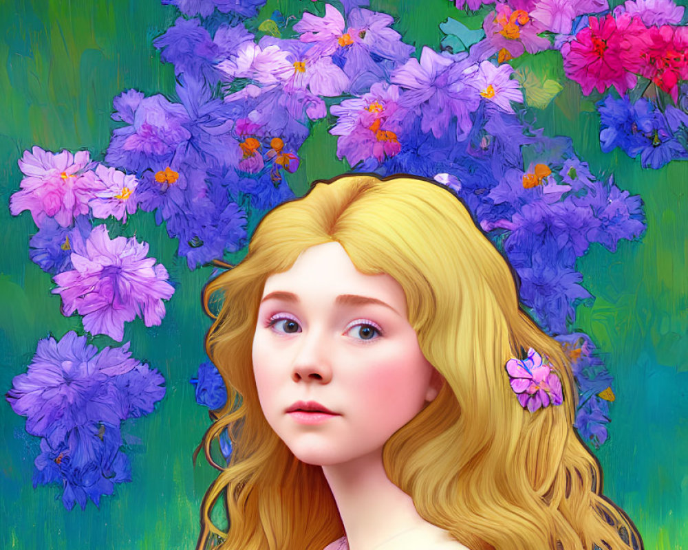 Blonde girl in yellow dress surrounded by vibrant flowers