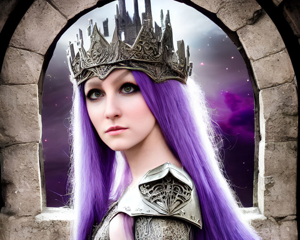 Fantasy portrait: Woman with purple hair and crown in stone archway against cosmic backdrop