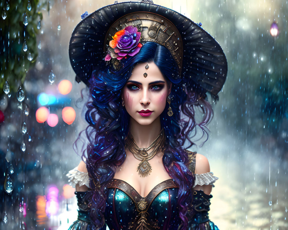 Woman with Blue Hair and Ornate Hat in Rain with Bokeh Lights