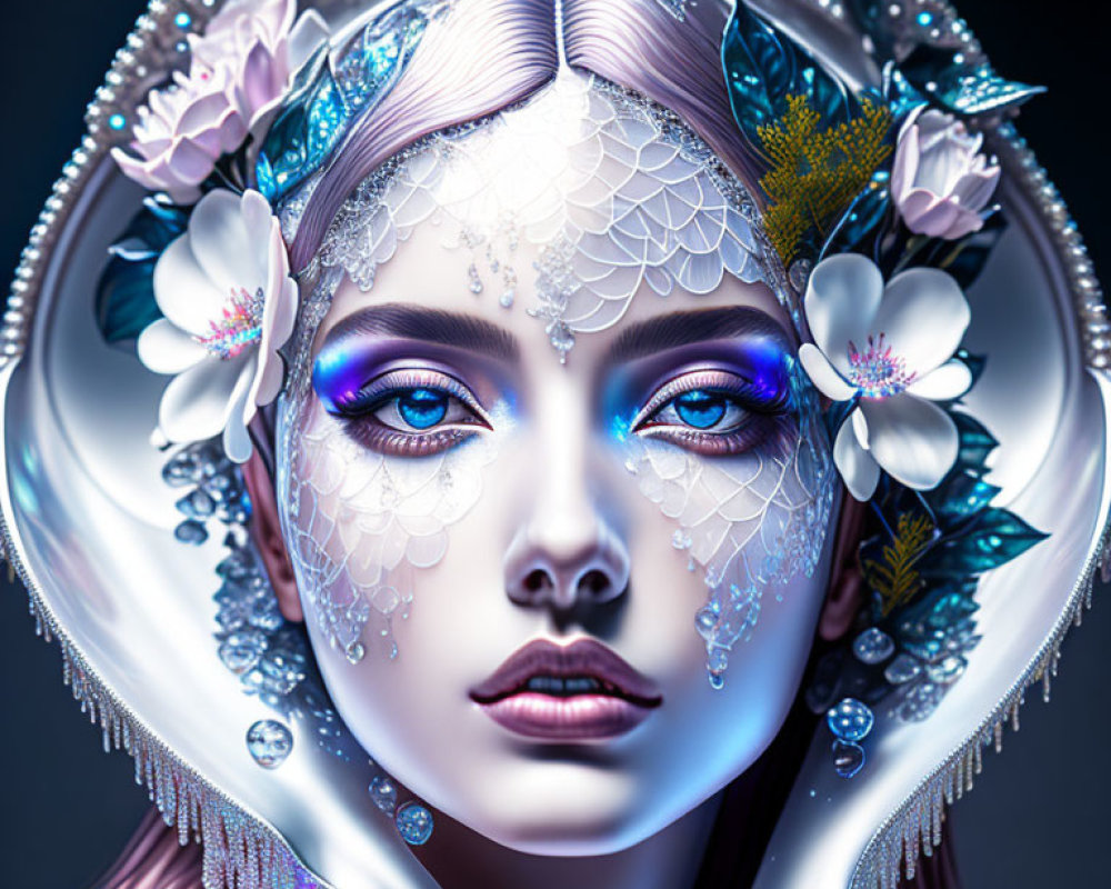 Detailed makeup woman portrait with flowers, crystals, and headpiece