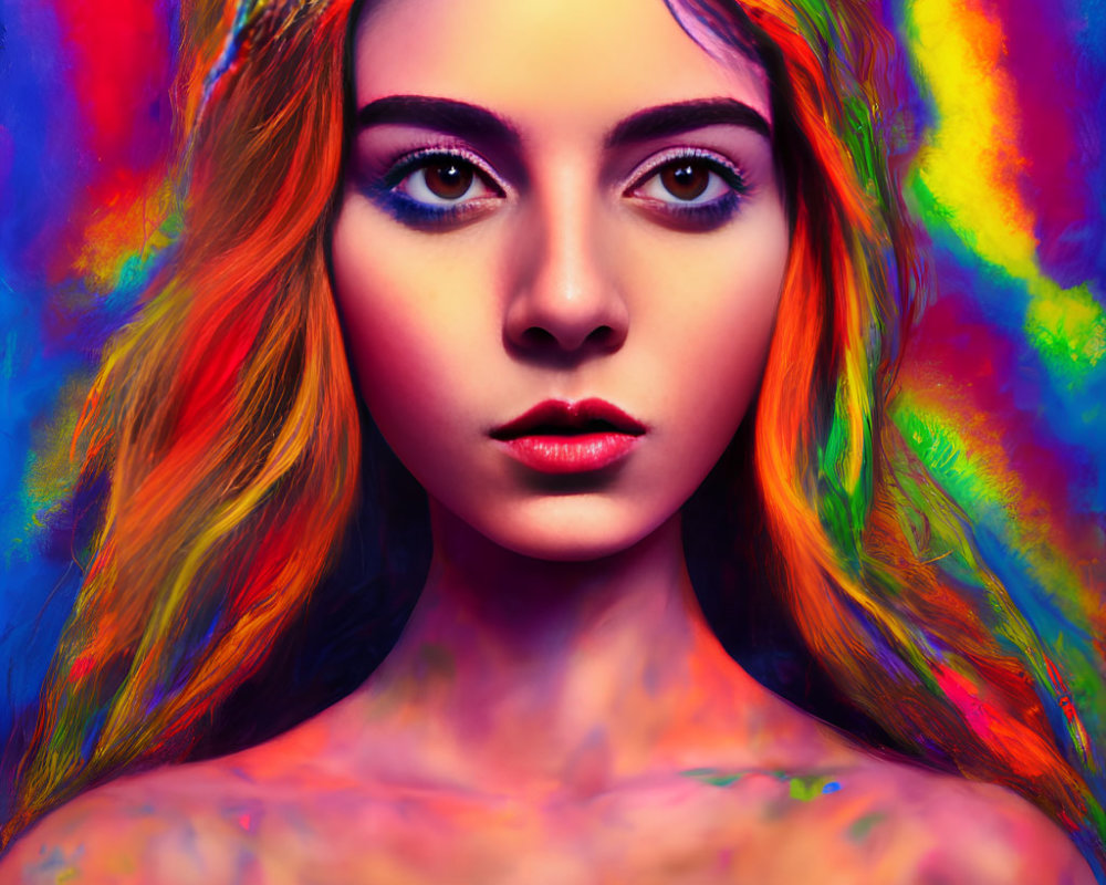 Colorful portrait of a woman with rainbow hair and brown eyes on multicolored backdrop