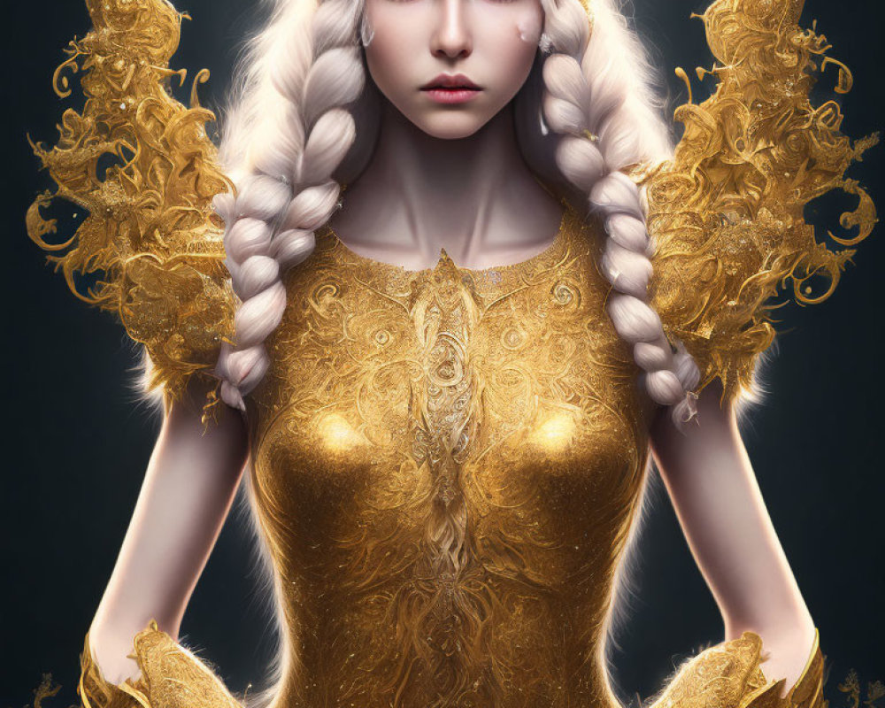 Regal female character in golden armor with braids and stern expression