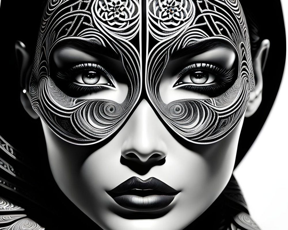 Monochromatic digital artwork of woman's face with symmetrical tribal patterns