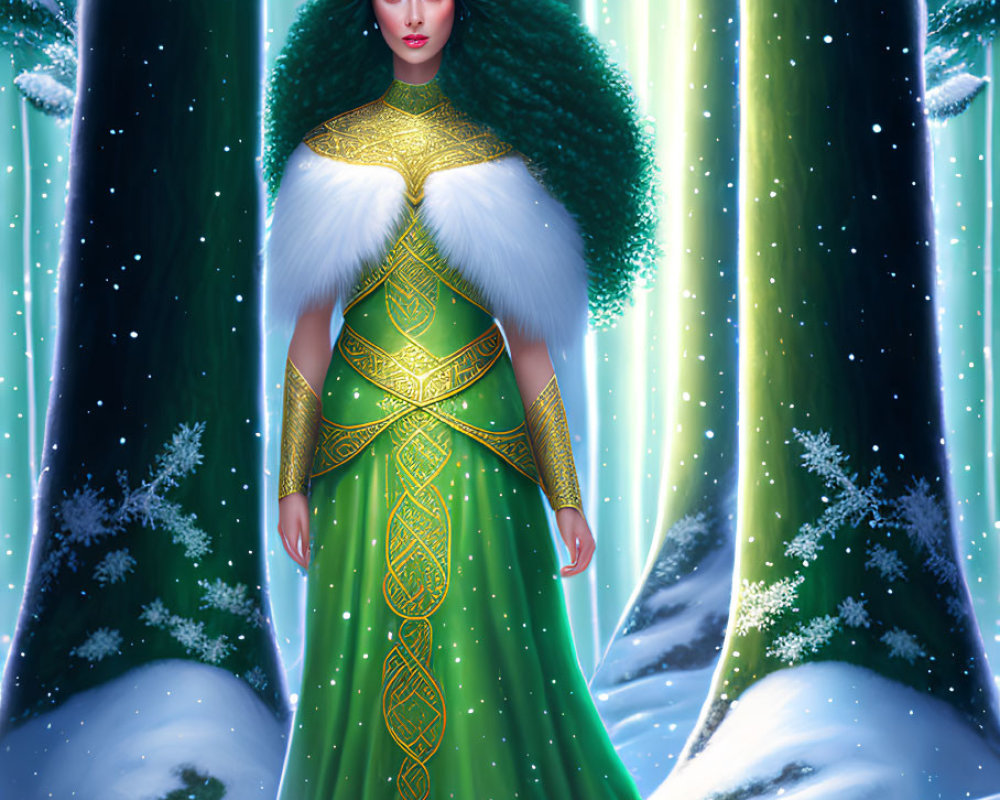 Mystical queen in green and gold gown in snowy forest