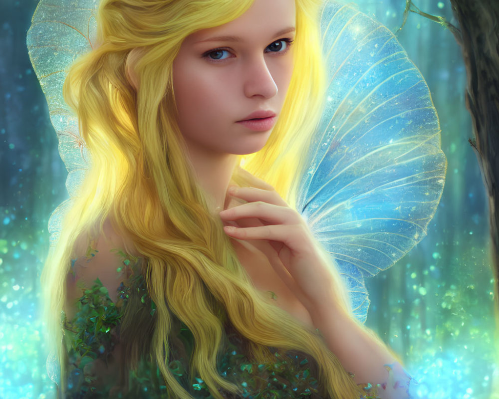 Blonde woman with butterfly wings in blue forest illustration