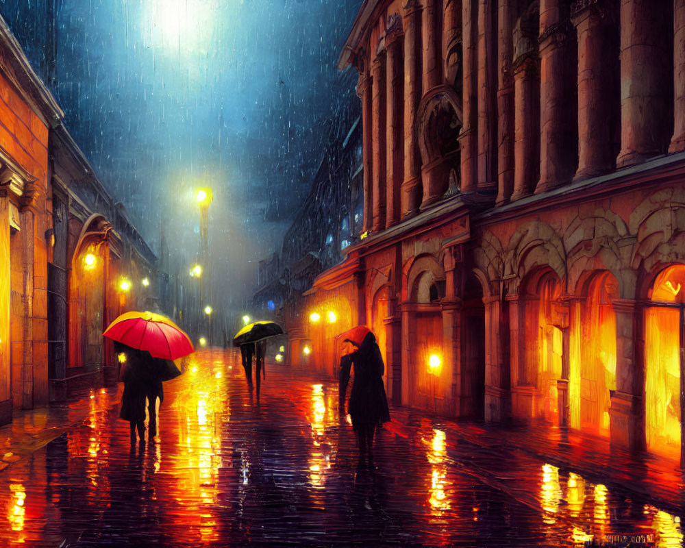 Rainy city street scene with people holding umbrellas at dusk