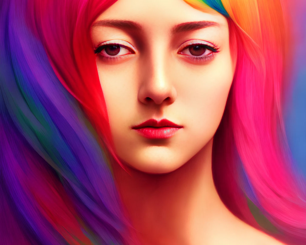 Vivid Rainbow-Colored Hair Woman Portrait on Dual-Tone Background