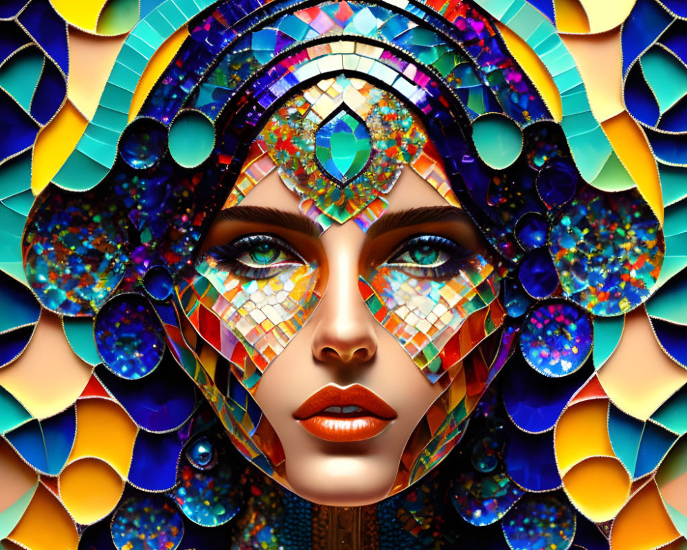 Colorful mosaic portrait of a woman with multicolored headdress and makeup