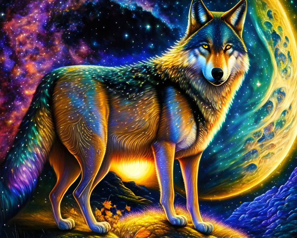 Digital Artwork: Wolf with Glowing Eyes on Grass Knoll under Starry Sky