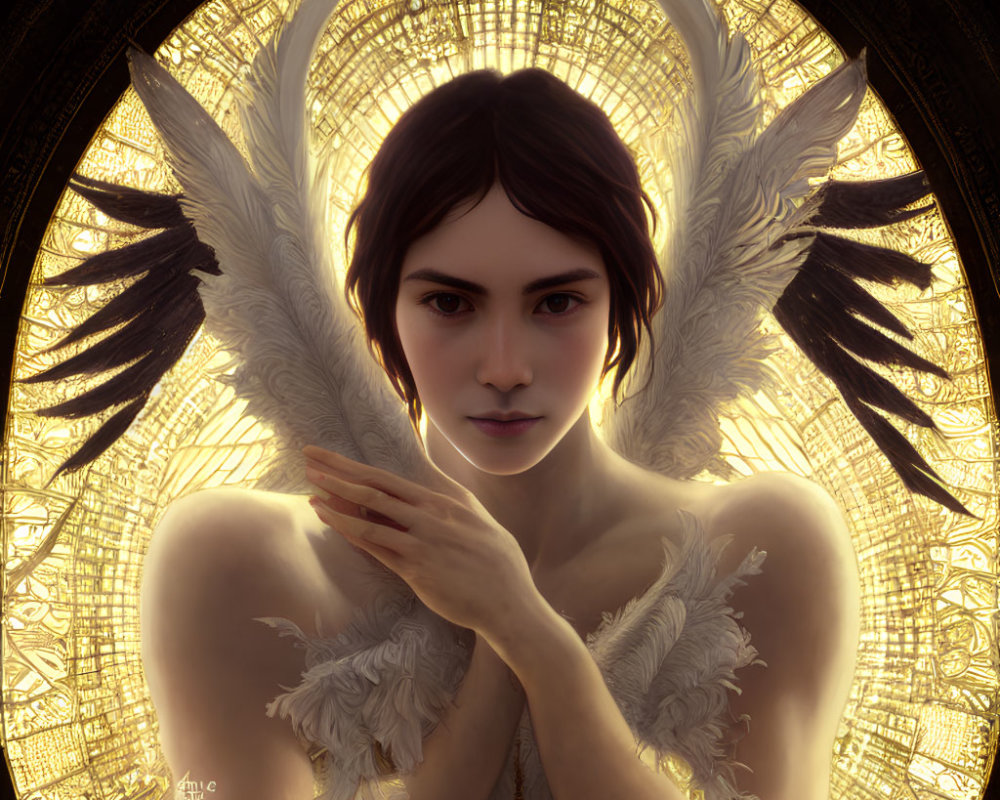 Serene individual with angelic wings in feathered attire against golden ornate background