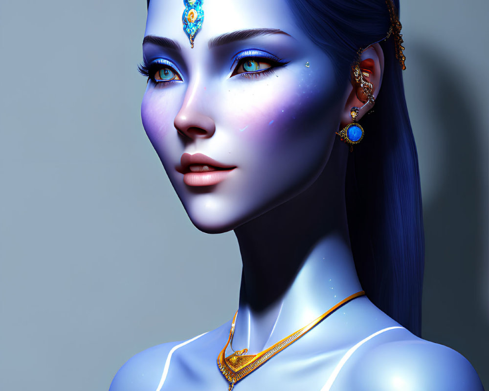 Blue-skinned woman with gold jewelry in 3D illustration