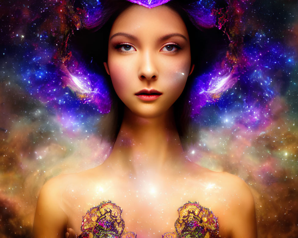 Woman with Cosmic-Themed Headpiece and Vibrant Nebula Colors