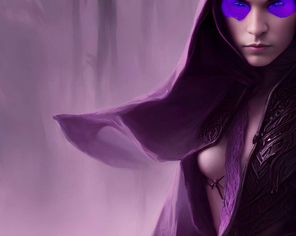 Mysterious Figure in Purple Hood with Glowing Eyes in Foggy Forest