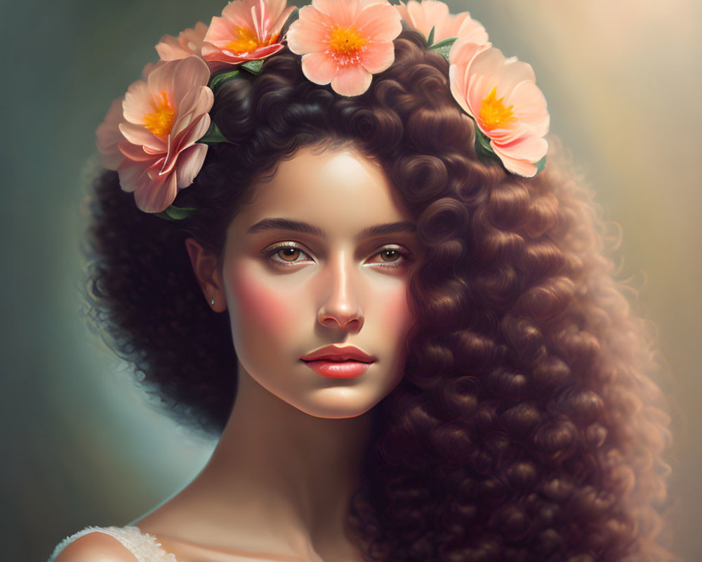 Woman with Curly Hair in Floral Crown: Serene Beauty