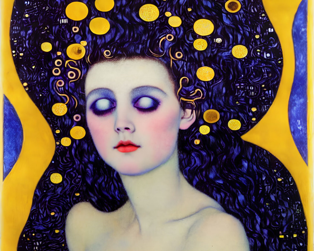 Stylized Art Nouveau portrait of pale figure with swirling dark hair on blue and gold background