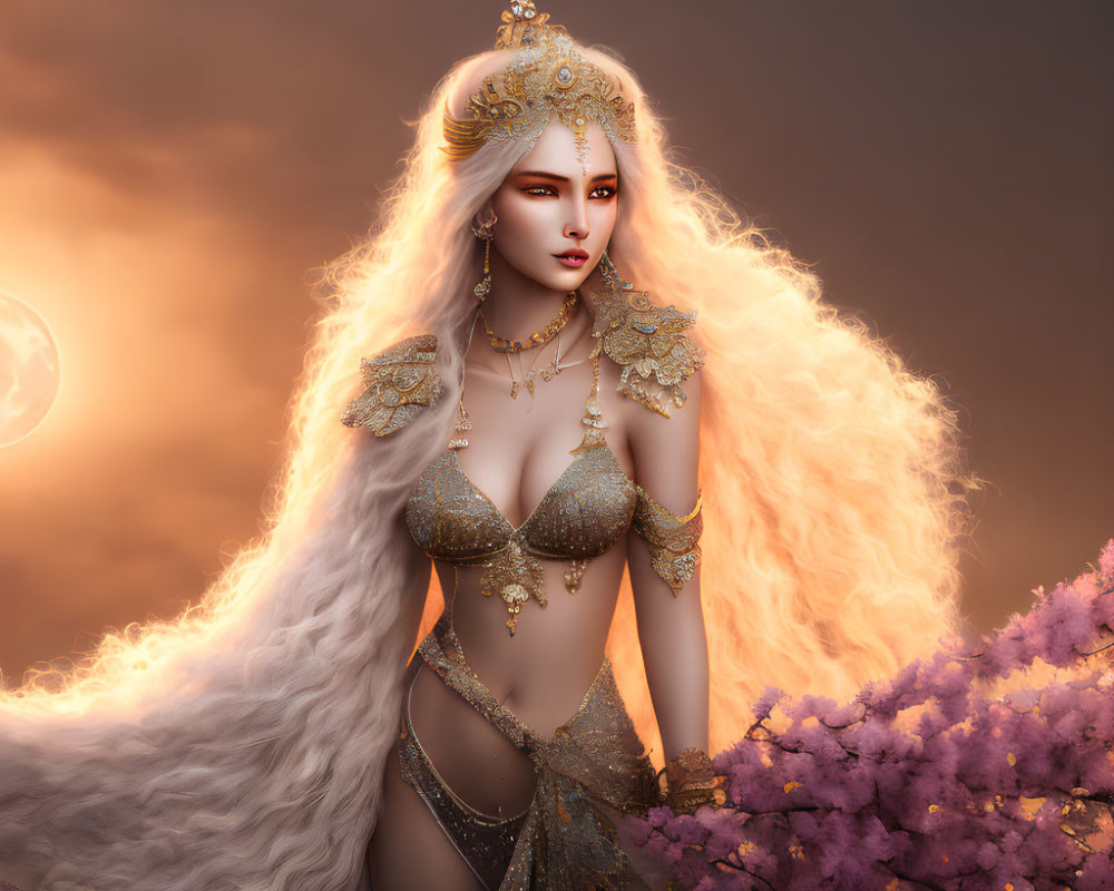 Ethereal woman adorned with golden jewelry in twilight setting