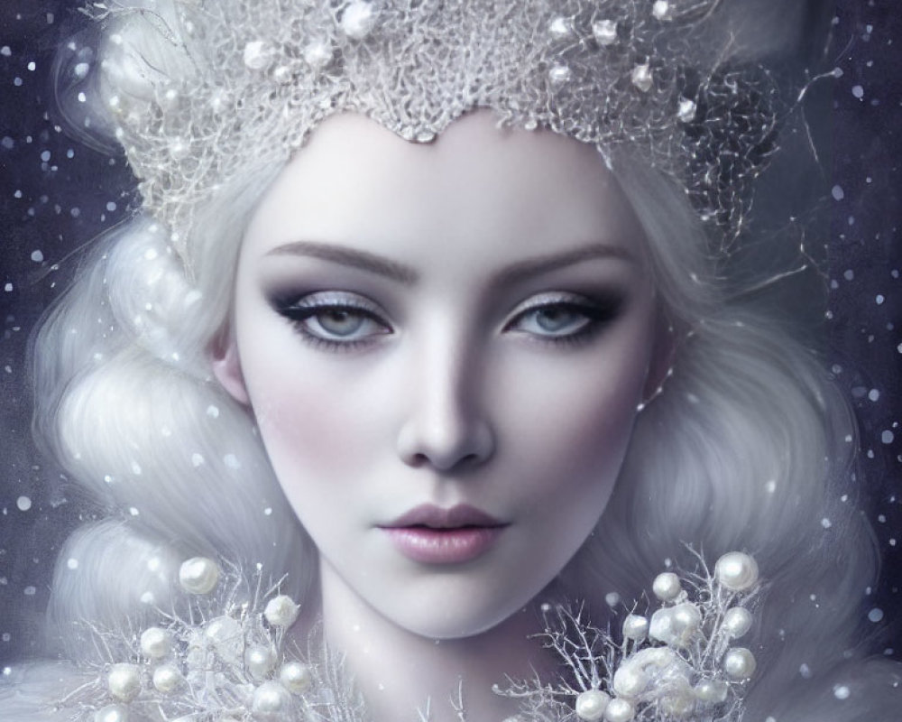 Portrait of a pale-skinned woman with silver hair and lace crown against starry backdrop