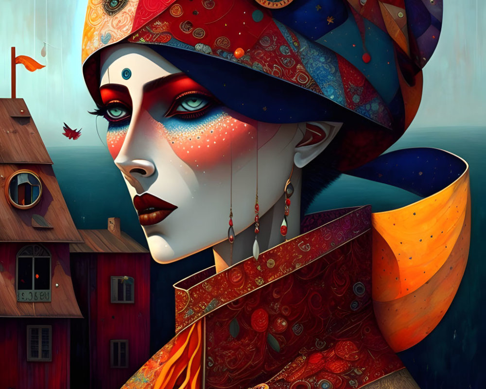 Colorful Turban and Intricate Earrings on Female Figure with Whimsical Houses Background