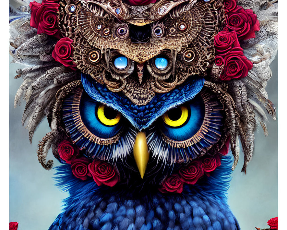 Colorful Owl Artwork with Multi-Eyed Owl, Feather Patterns, and Red Roses